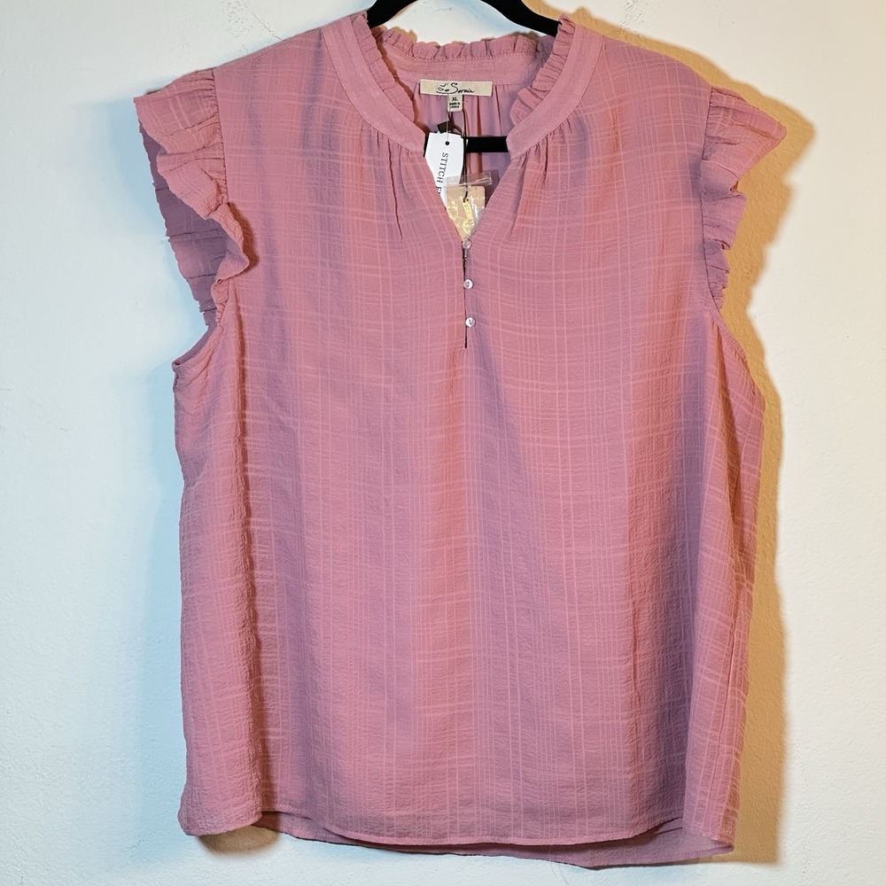 Les Serein Pink Ruffle Sleeve Blouse Women's XL V-Neck Flutter Top New with Tags - Picture 2 of 12